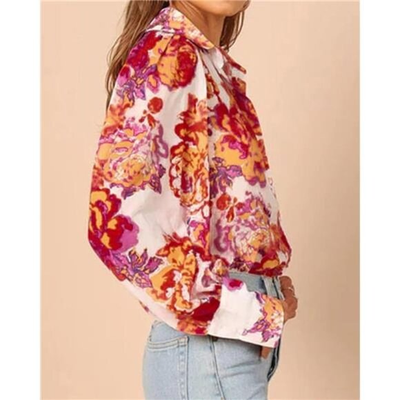 Floral Rose Print Button Up Shirt Casual Long Puff Sleeve Blouse Boho Dressy Top - Picture 2 of 5